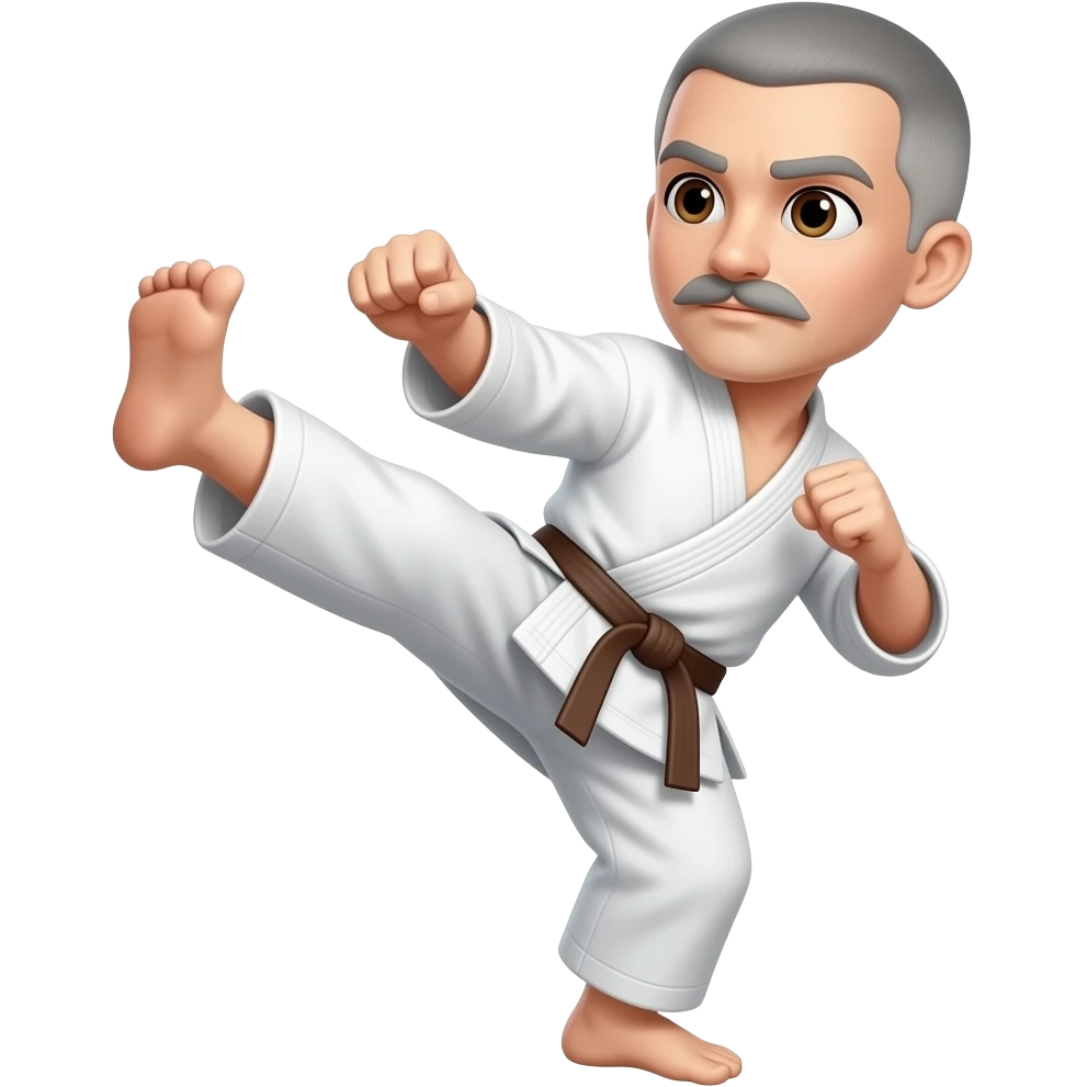 No BEARD,   Very short hair cut gray  with a mustache doing a karate kick and brown eyes and Brown Belt emoji