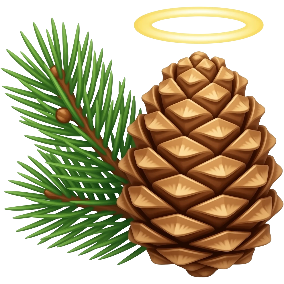 pine needles and a phallic penis-pine cone with a holy halo ring emoji