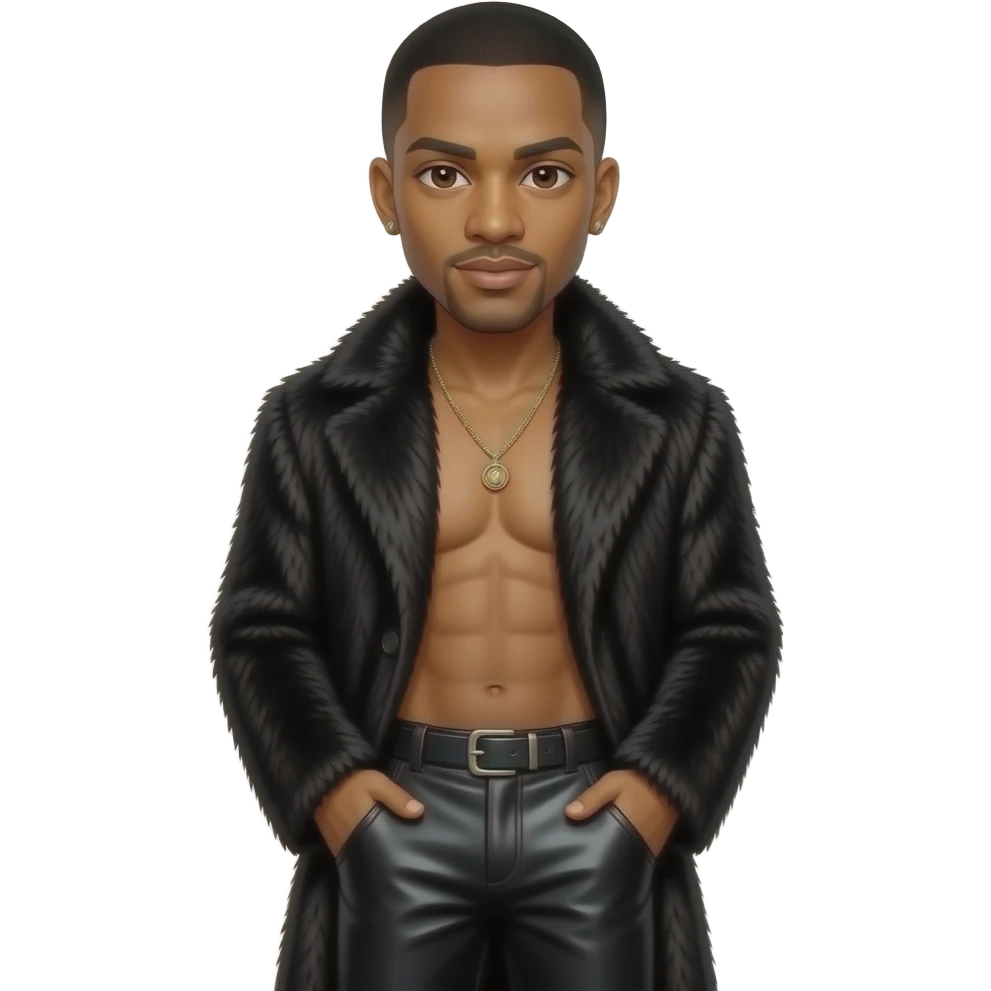 El DeBarge with light medium brown skin, dark brown eyes, black hair, black fur coat, black chrome baggy pants, shirtless with necklace and earrings emoji