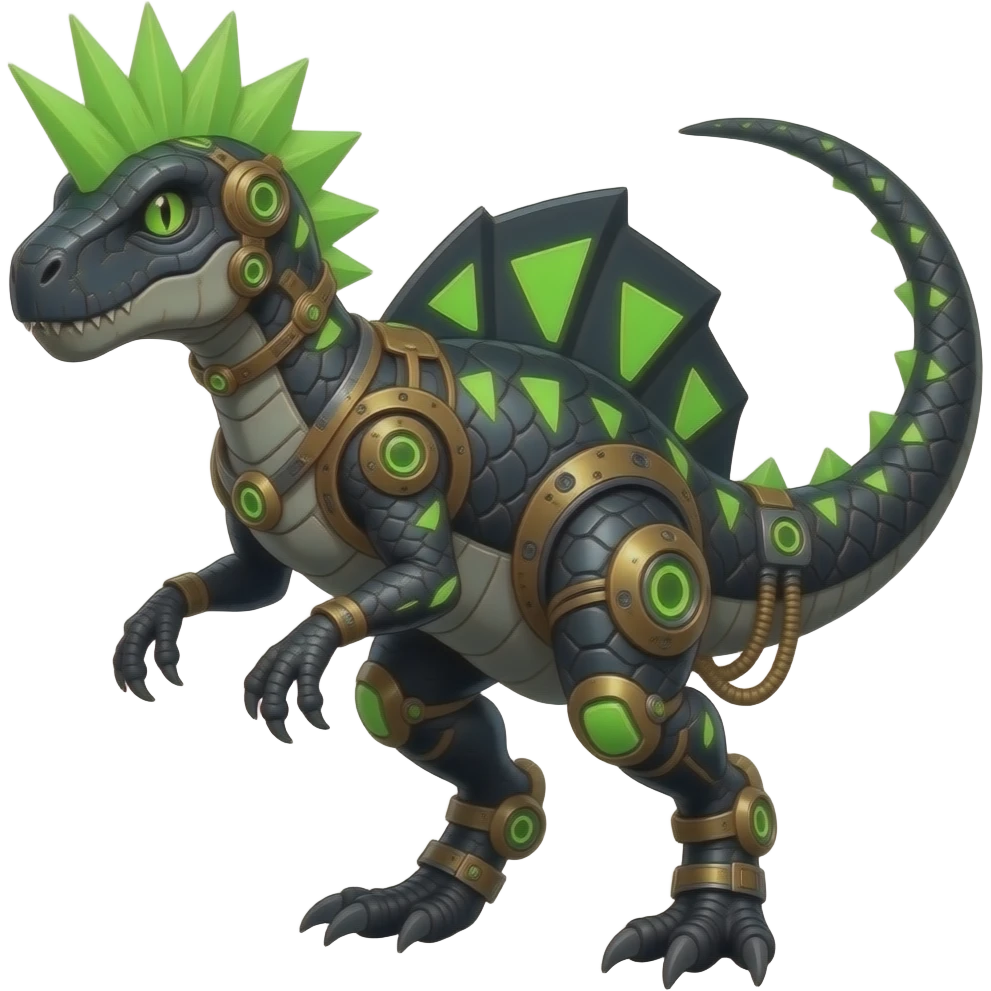Cool edgy ancient black-scaled with neon-green triangular stripe markings digitigrade vintage futuristic raptorik fantasy-Cyberpunk-Steampunk-Solarpunk-Genesect-Salamence-Tyranitar-Brony-Vernid-Fionbri-Fakémon-animal-hybrid, with neon-green Mohawk, full body emoji
