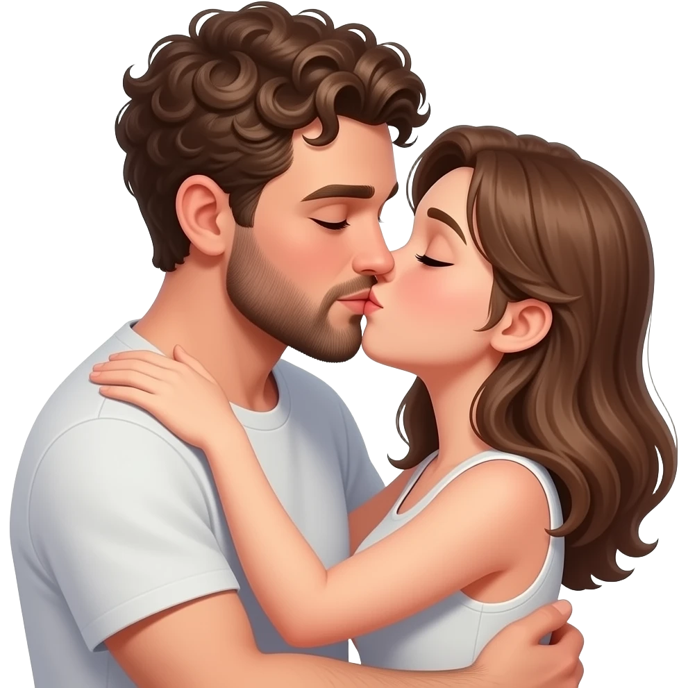 Realistic white man brown super short curly hair with beard kissing passionately and hugging realistic white girl brown hair emoji