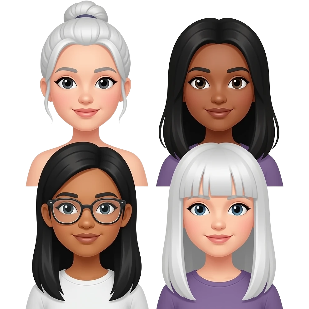 sies amigas una con el pelo recogido y blanca 2 con el pelo negro y y morena una con lentes morena y de pelo negro y una blanco con fleco  y todas con el pelo largo emoji