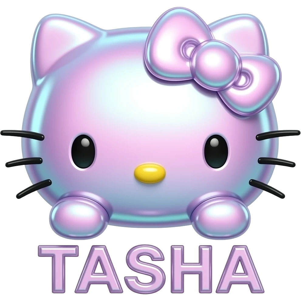 Shiny holographic pink and blue colored glass hello Kitty head with the letters TASHA below the front paws emoji