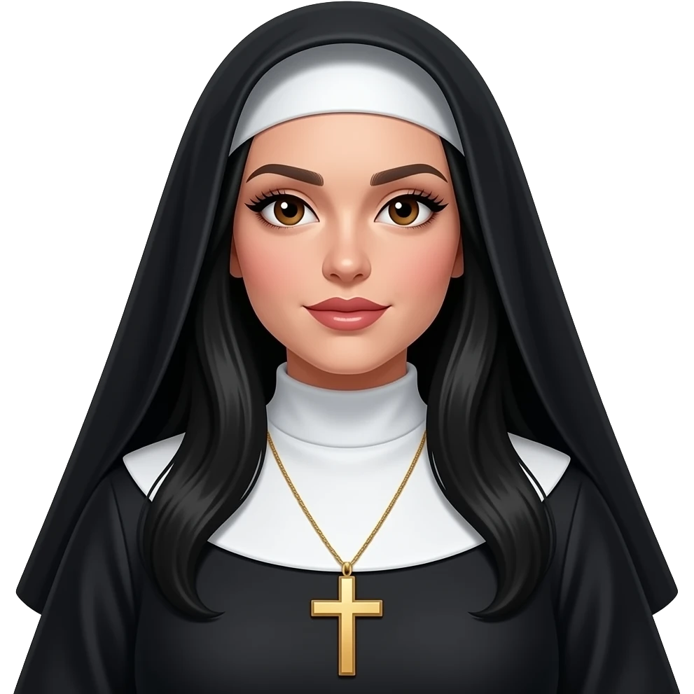 Nun young woman, in nun outfit, very extra long black hair showing under veil, small gold cross necklace, big brown eyes, big lips, adult curvy woman but fully covered body except for head and hair, lip gloss on. Dark eyebrows, long eyelashes. emoji