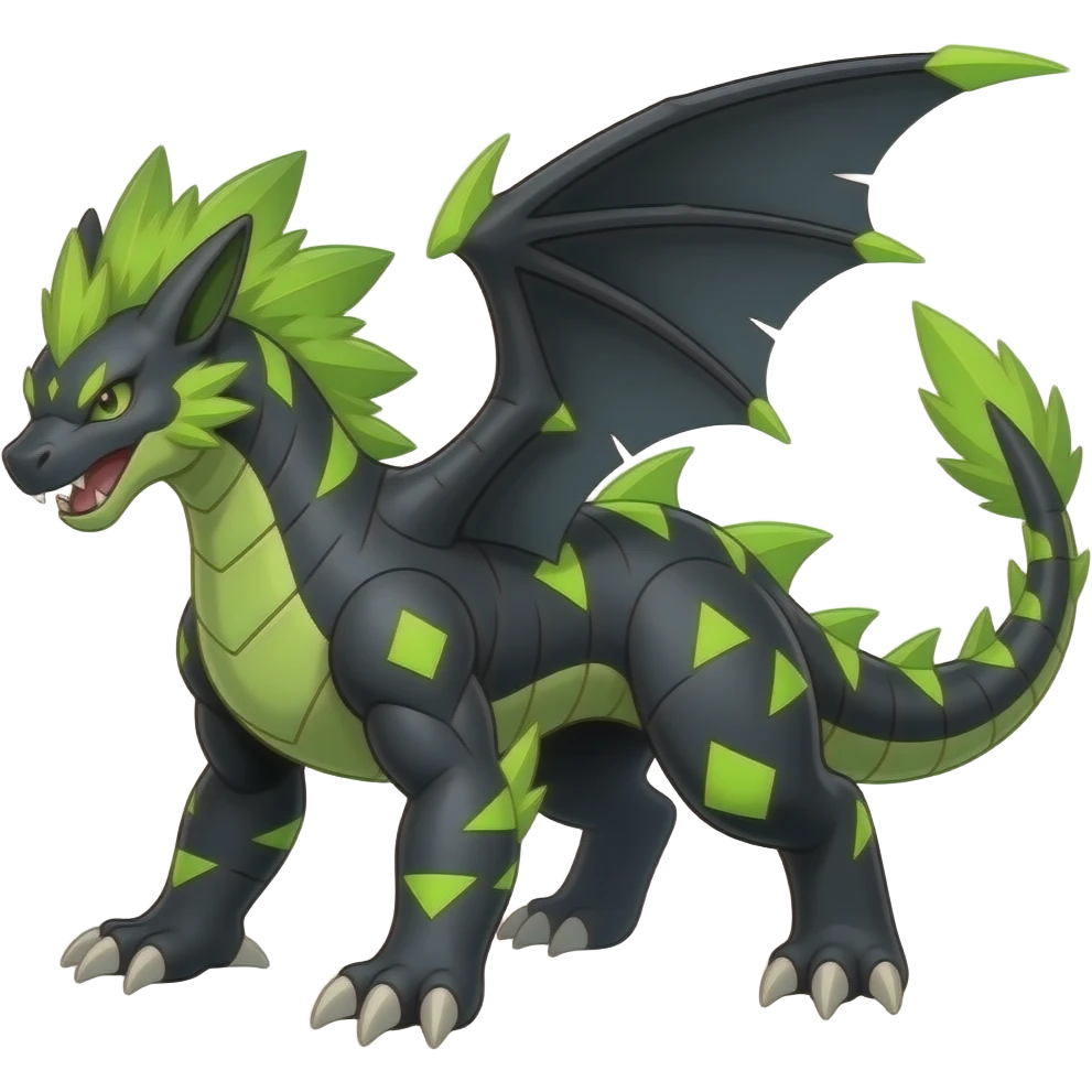 Cool edgy ancient black-scaled with neon-green triangular stripe markings digitigrade vintage futuristic raptorik fantasy-Cyberpunk-Steampunk-Solarpunk-Genesect-Salamence-Tyranitar-Vernid-Fionbri-Fakémon-animal-hybrid, with neon-green feather-mane, and a tail blade, back spikes, full body emoji
