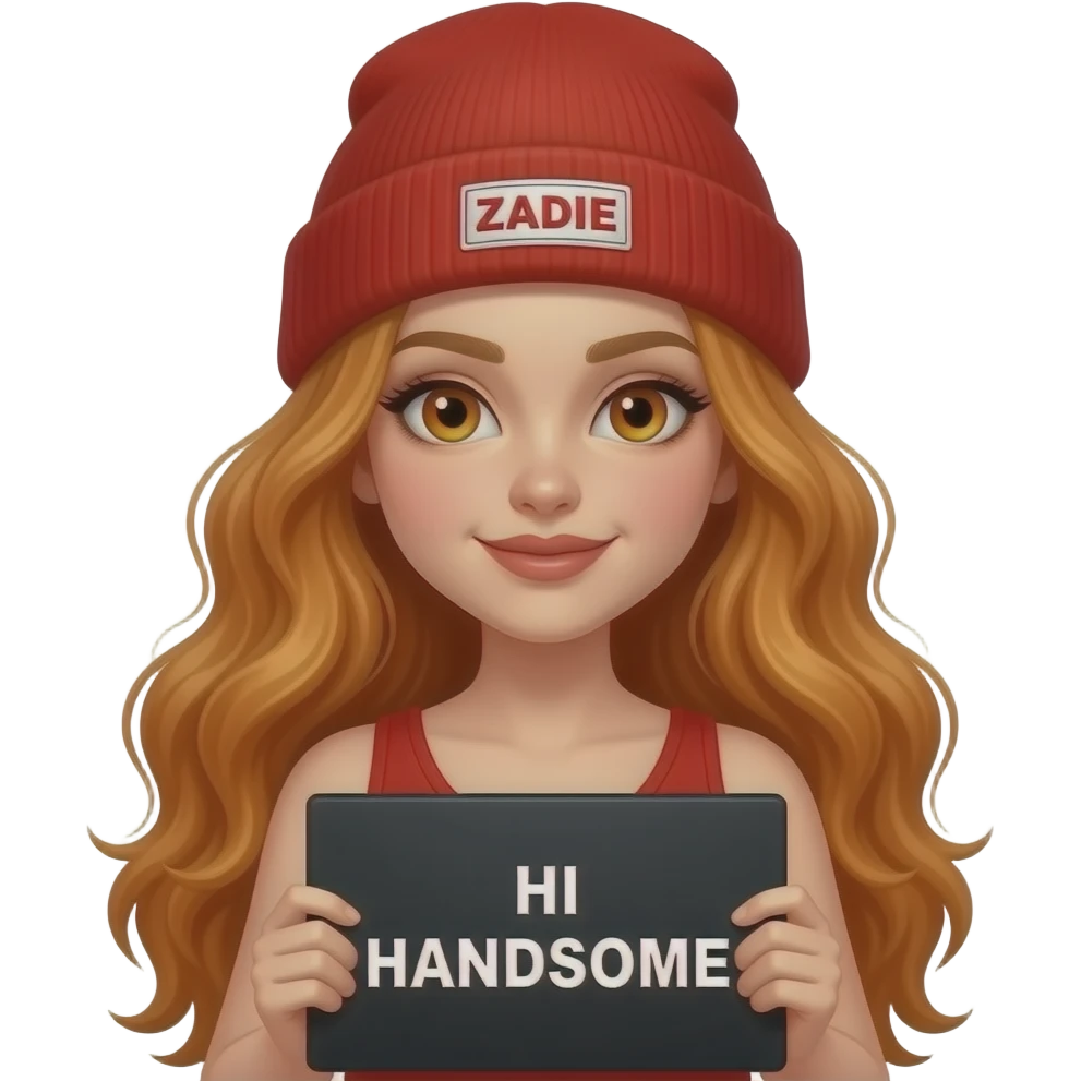 sexy girl with overlong wavy ginger hair and ginger eyes wearing a red tanktop and a red beanie with ZADIE written on it, is holding a black sign with HI HANDSOME written on it emoji