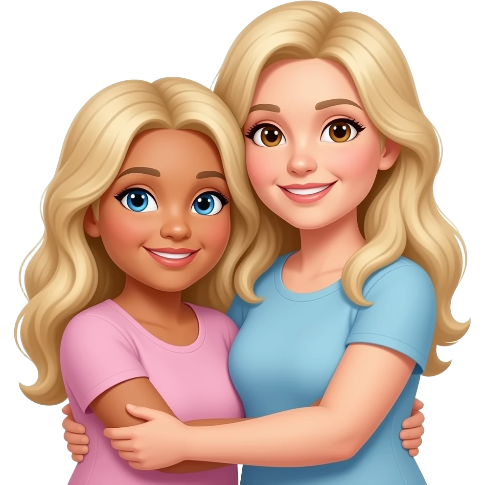 2 middle aged heavier women, long blond hair, one blue eye 1 brown, both white, short one has a tan, 1 short 1 tall hug emoji