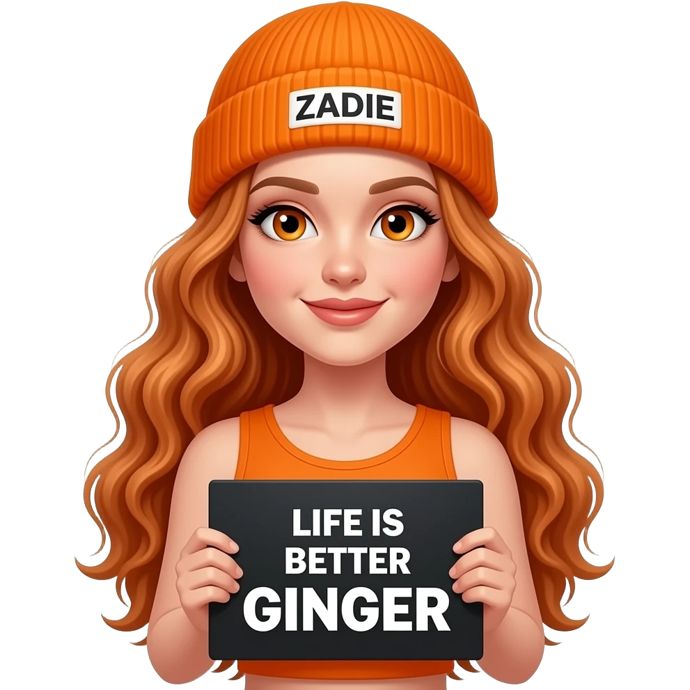 sexy girl with overlong wavy ginger hair and ginger eyes wearing a orange tanktop and a orange beanie with ZADIE written on it, is holding a black sign with LIFE IS BETTER with a GINGER written on it emoji