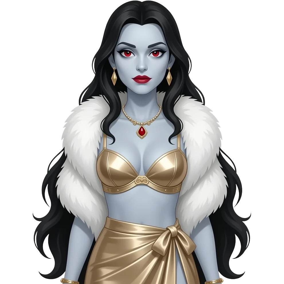 Bride of Dracula with pale grey skin, red eyes, long black hair, white fur shawl, ivory metallic bra, ivory metallic long wrap skirt, necklace and earrings emoji