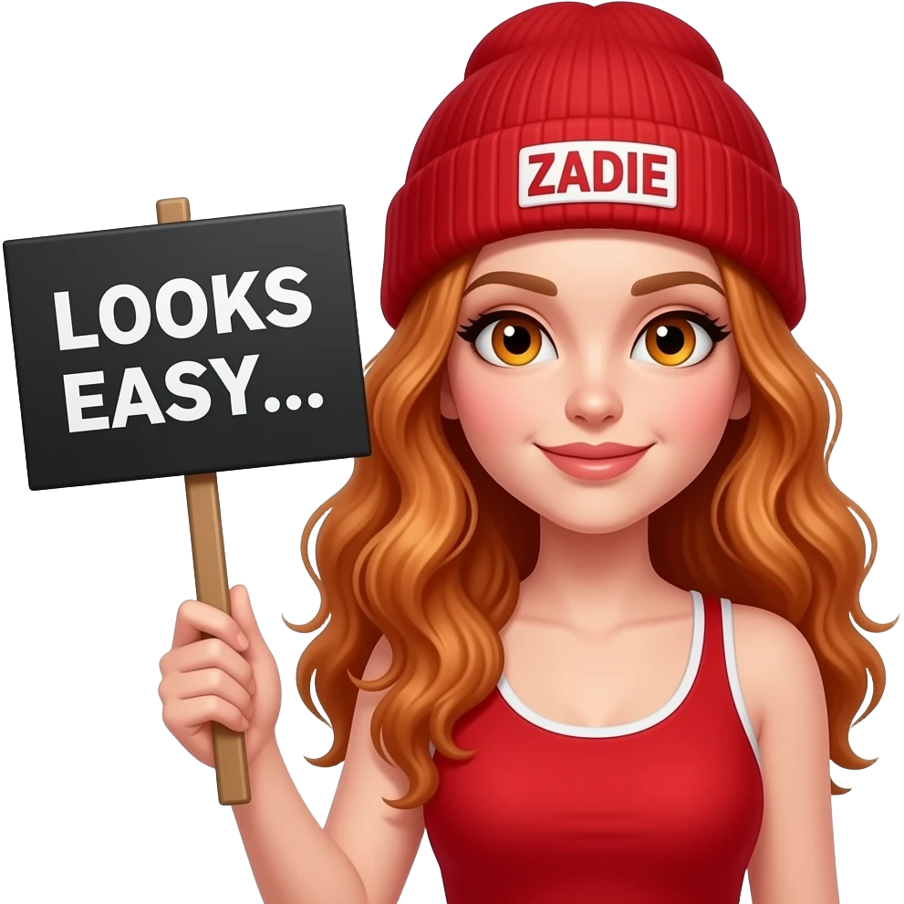 sexy girl with overlong wavy ginger hair and ginger eyes wearing a red tanktop and a red beanie with ZADIE written on it, is holding a black sign with LOOKS EASY... written on it emoji