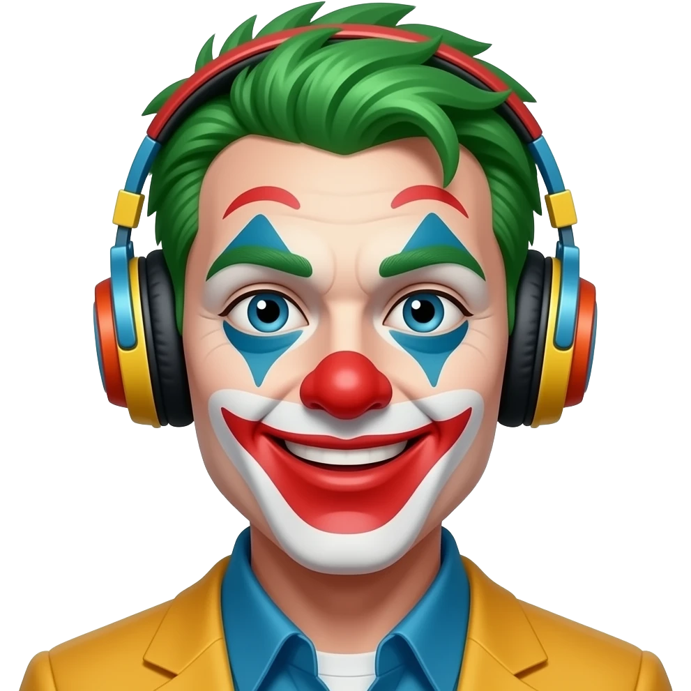 clown male, green hair, colorful headphone emoji