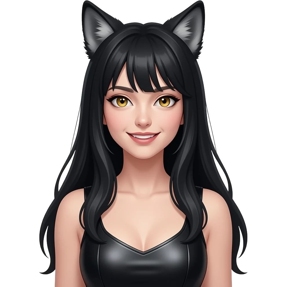 > “womanlycan portrait looking front, long black hair, wolf ears, subtle fang smile, sharp golden eyes,sleeveless dark leather dress, dark fantasy card art style, centered composition, dark background” emoji