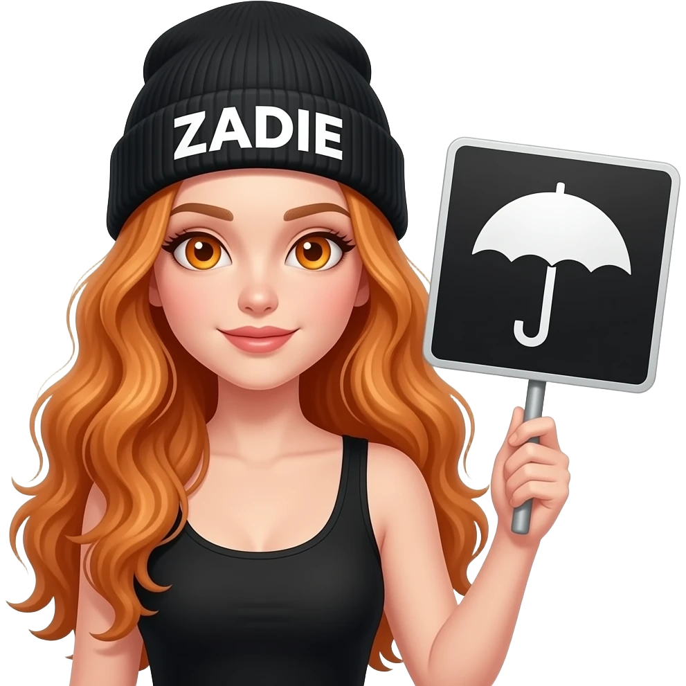 sexy girl with overlong wavy ginger hair and ginger eyes wearing a black tanktop and a black beanie with ZADIE written on it, is holding a black sign with ☔️ on it emoji