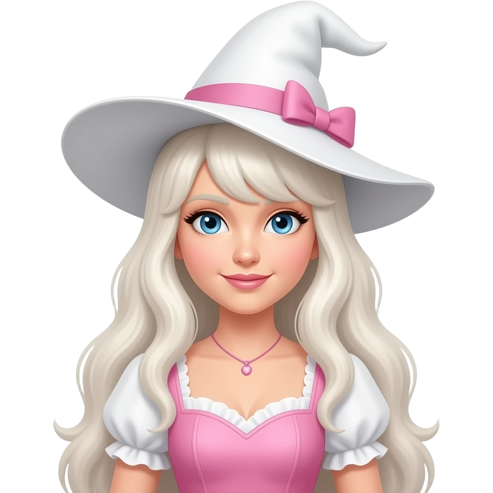 The Good Witch from Oz Series with blue eyes, long white blonde hair, pink and white sweetheart blouse, white witch hat emoji
