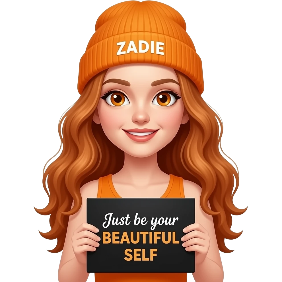 sexy girl with overlong wavy ginger hair and ginger eyes wearing a orange tanktop and a orange beanie with ZADIE written on it, is holding a black sign with Just be your BEAUTIFUL SELF written on it emoji