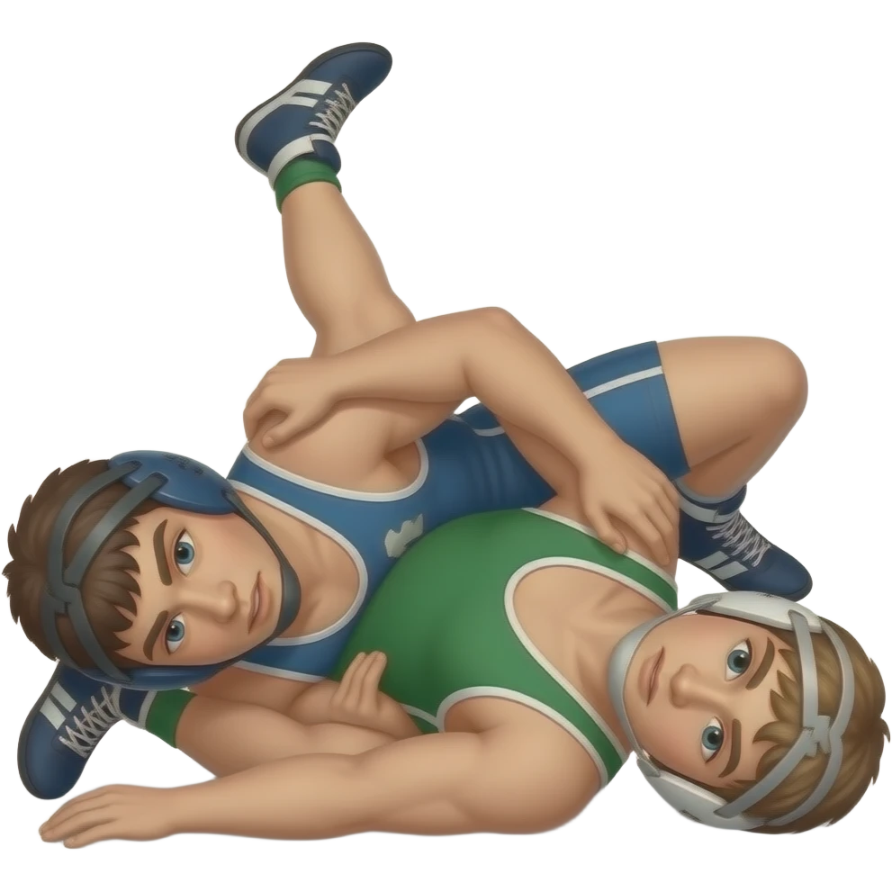 Erstelle ein Bild von zwei Uni-Wrestler in kurzen, knappen und engen Wrestler-suits, die beiden haben unterschiedlich Farben an (Grün und blau) und sie ringen liegend miteinander auf dem Boden emoji