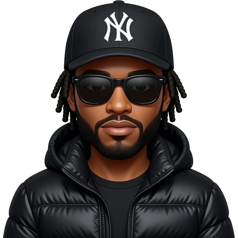 African American man with shoulder length black dreadlocks with black beard wearing black sunglasses wearing a New York Yankees logo baseball cap wearing a black bubble winter coat emoji emoji