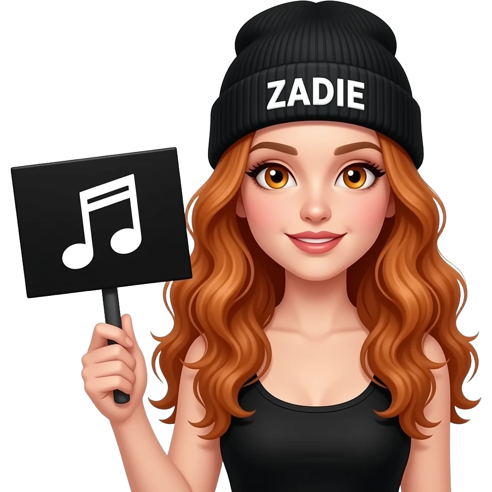 sexy girl with overlong wavy ginger hair and ginger eyes wearing a black tanktop and a black beanie with ZADIE written on it, is holding a black sign with 🎵🎵🎵 on it emoji