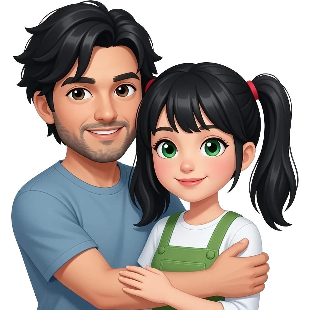 Black haired guy with sweeping bangs and graying beard hugging a black hair girl with pigtails and  green eyes emoji