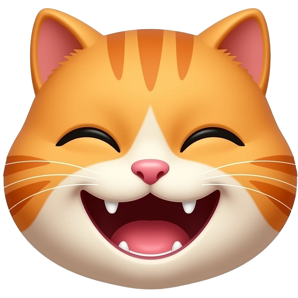 Laughing cat emoji, closed happy eyes, big smile, visible tiny teeth, orange fluffy face, glossy 3D emoji style emoji