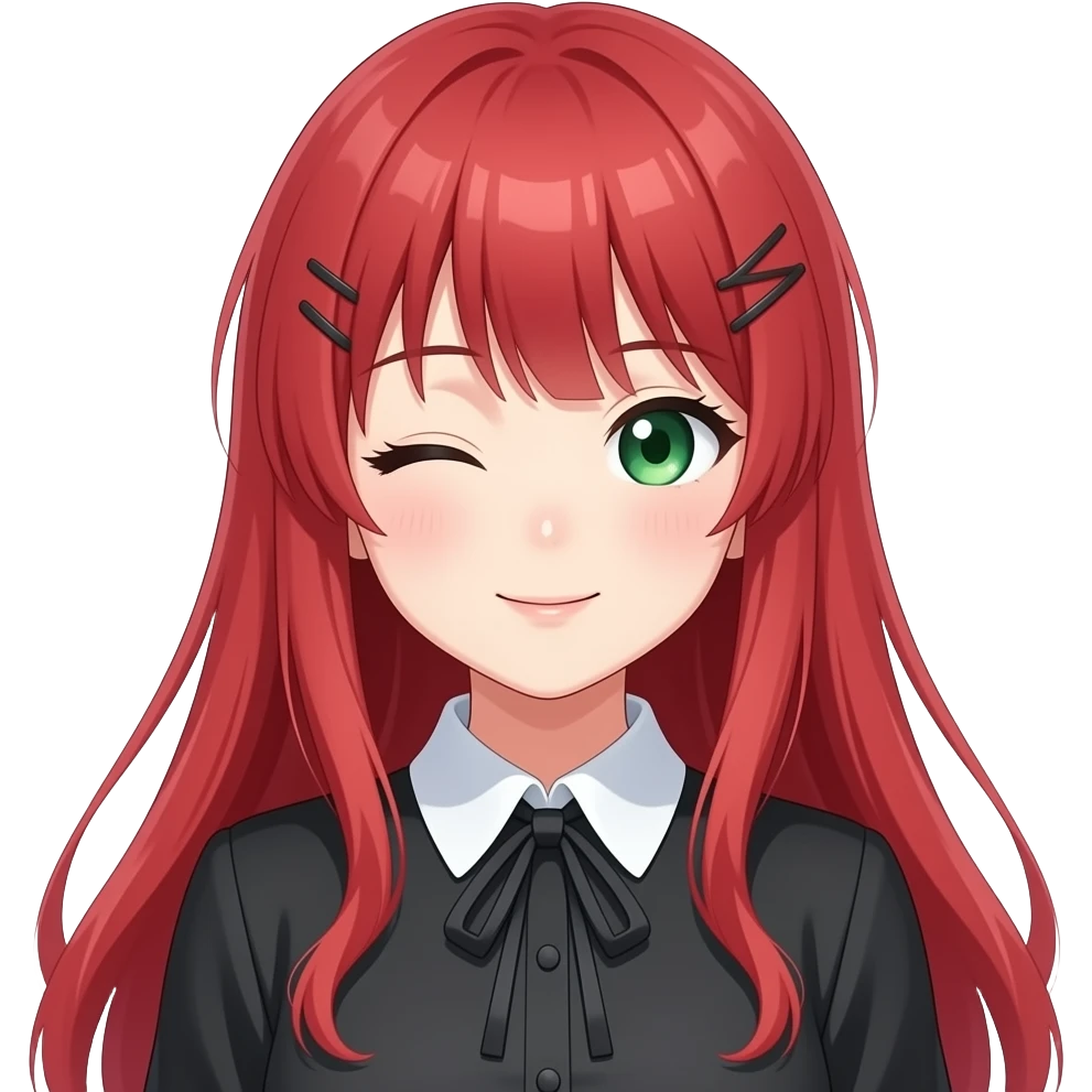 anime girl blinking long red hair green eyes black blouse with white ...