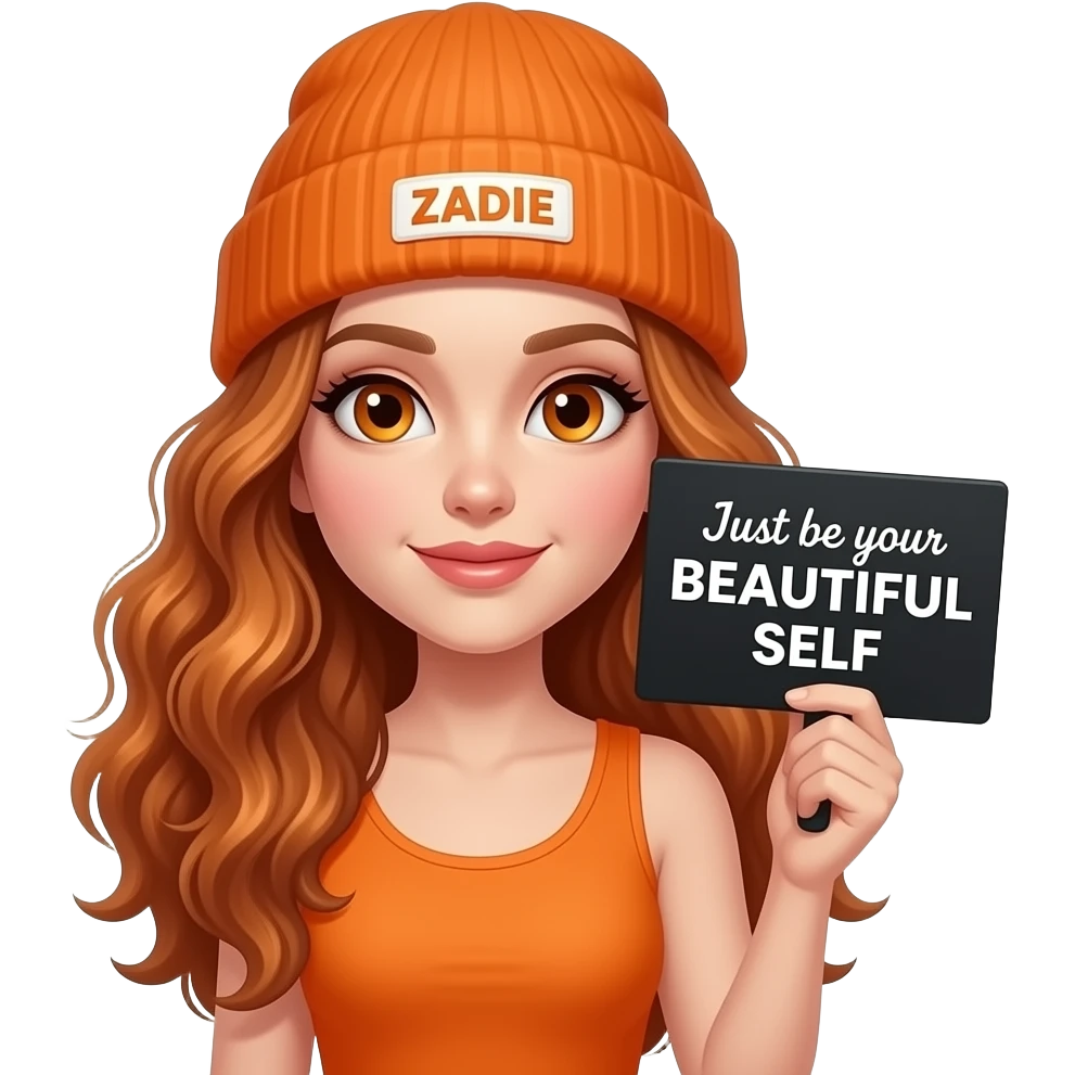 sexy girl with overlong wavy ginger hair and ginger eyes wearing a orange tanktop and a orange beanie with ZADIE written on it, is holding a black sign with Just be your BEAUTIFUL SELF written on it emoji