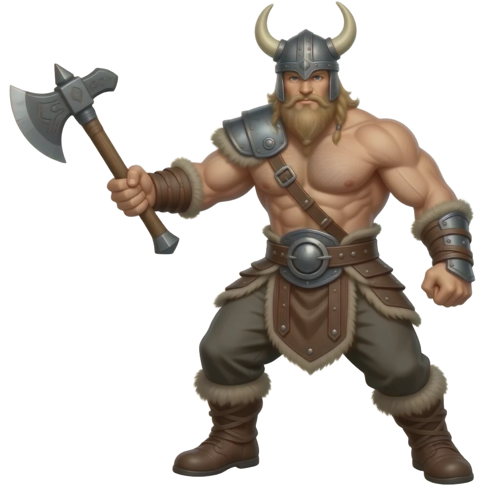 Nahaufnahme von einem Vikinger mit nackten muskulösem körper und einer behaarten und kräftigen männlichen Brust, mit Leder Riemen und Schulterpanzer aber ohne Gürtel. Er schwinkt eine Axt mit seiner rechten Hand und trägt ein Helm mit Hörnern und Bart emoji