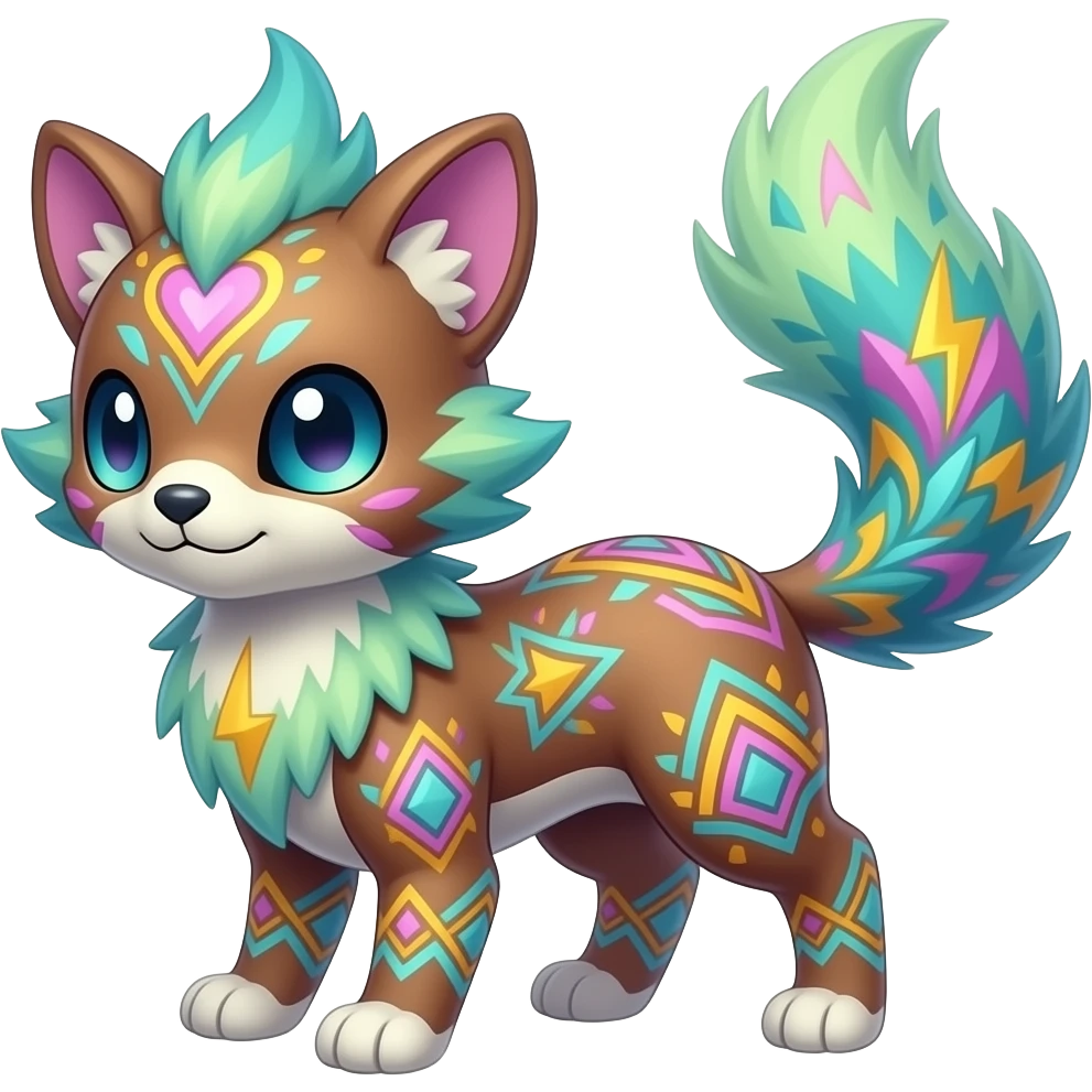 Colorful unique fantasy original shiny smooth soft flurry edgy cool Civet-Absol-Sprigatito-Vaporeon-Fakémon-hybrid with tribal chevron heart floral lightning bolt strikes damask paisley markings emoji