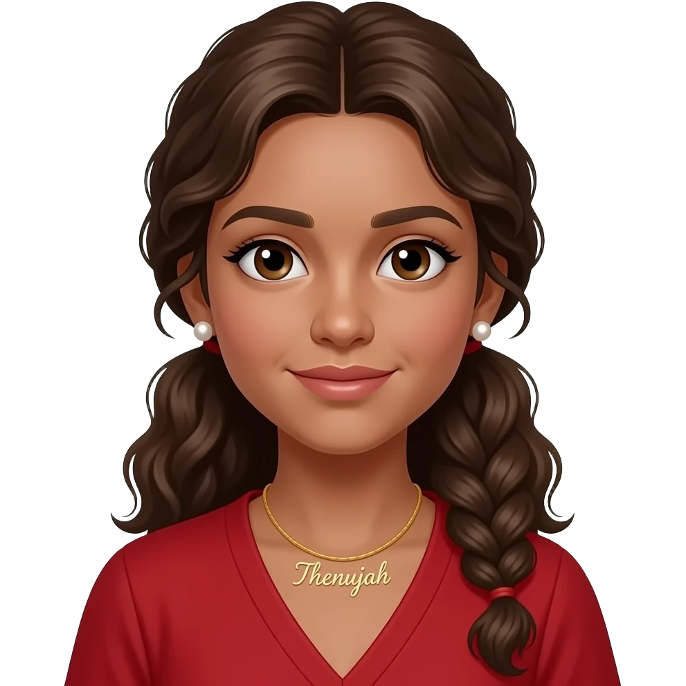 Make a girl that looks real and not 100% AI generated. A girl with light brown skin with ponytail in front curly and wavy only a bit. She has pearl earrings and a necklace that says ‘Thenujah’ in cursive gold. She is skinny make her face a v shape. She is wearing red. She is 12 years o emoji
