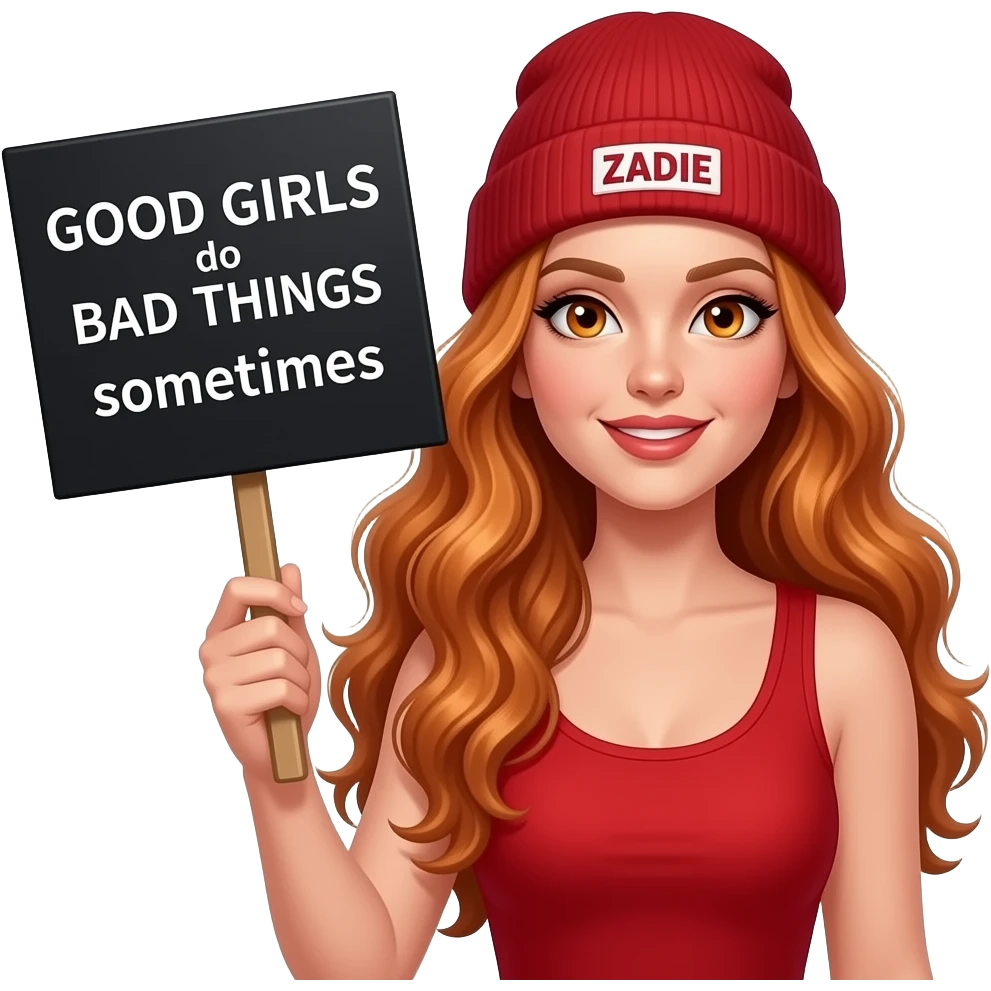 sexy girl with overlong wavy ginger hair and ginger eyes wearing a red tanktop and a red beanie with ZADIE written on it, is holding a black sign with GOOD GIRLS do BAD THINGS sometimes written on it emoji