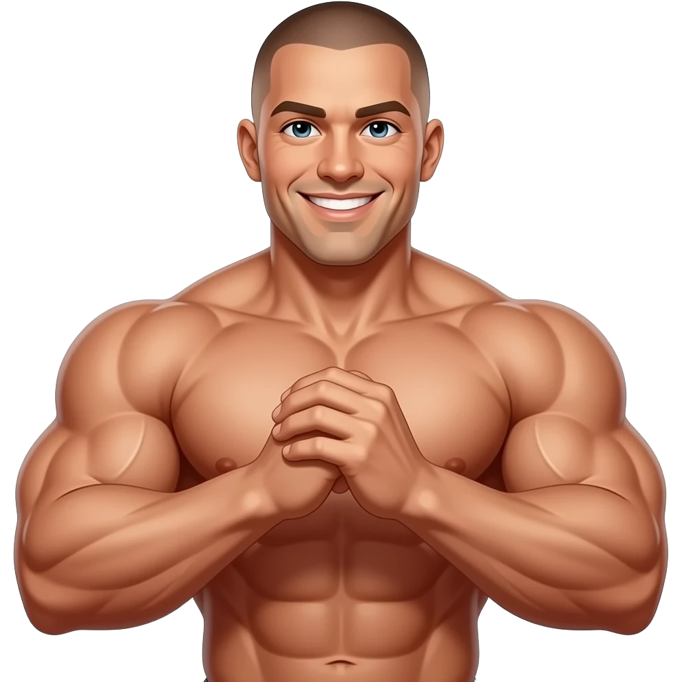 A sepia-toned, medium shot shows a muscular bodybuilder with a shaved head and a wide smile. He is flexing his arms, with his hands clasped in front of his chest. His massive biceps and chest muscles are prominently displayed emoji