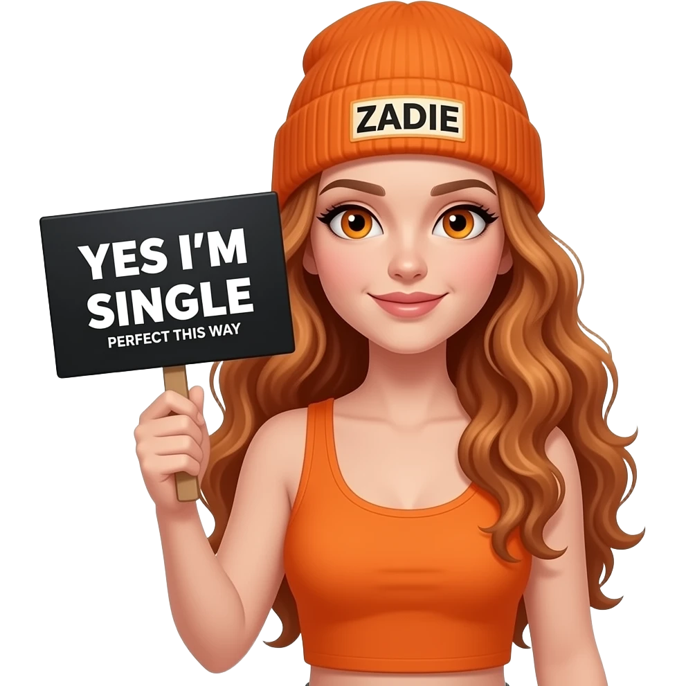 sexy girl with overlong wavy ginger hair and ginger eyes wearing a orange tanktop and a orange beanie with ZADIE written on it, is holding a black sign with YES I'M SINGLE and PERFECT this way written on it emoji