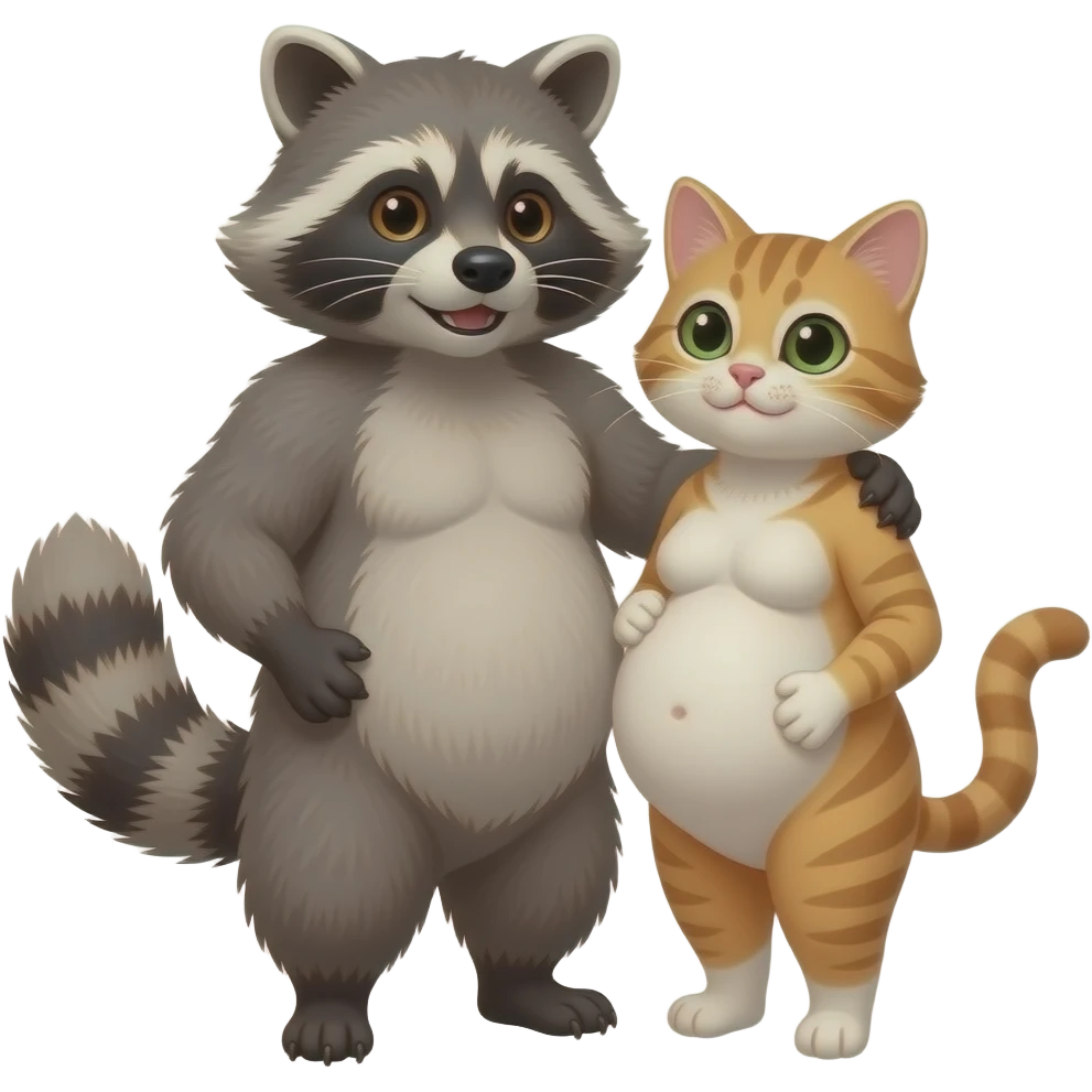 raccoon daddy and his pregnant cat wife. they look like real one and look sexy and hot. they are naked but their body is an animal emoji