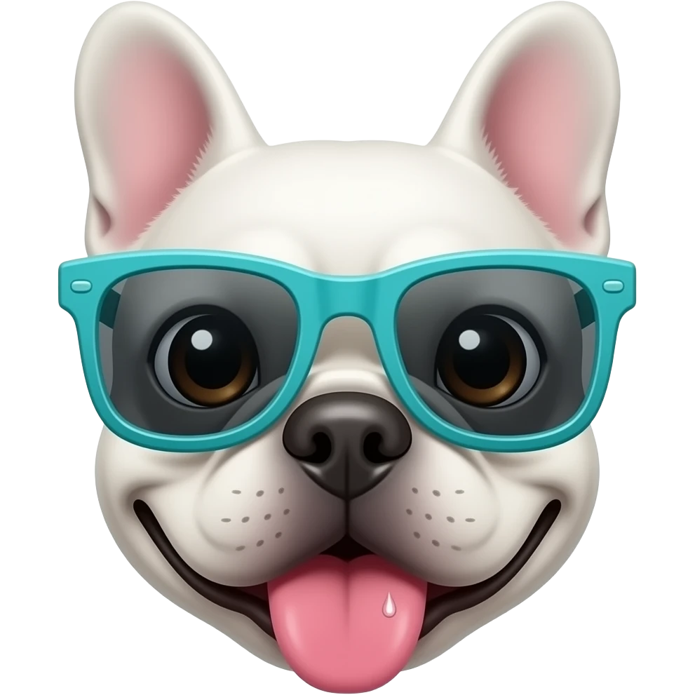 realistic white french bulldog face with teal sunglasses and tongue sticking out emoji