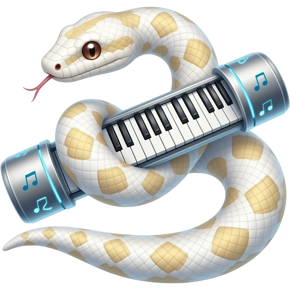 albino boa constrictor wrapped around futuristic tubular musical keyboards emoji