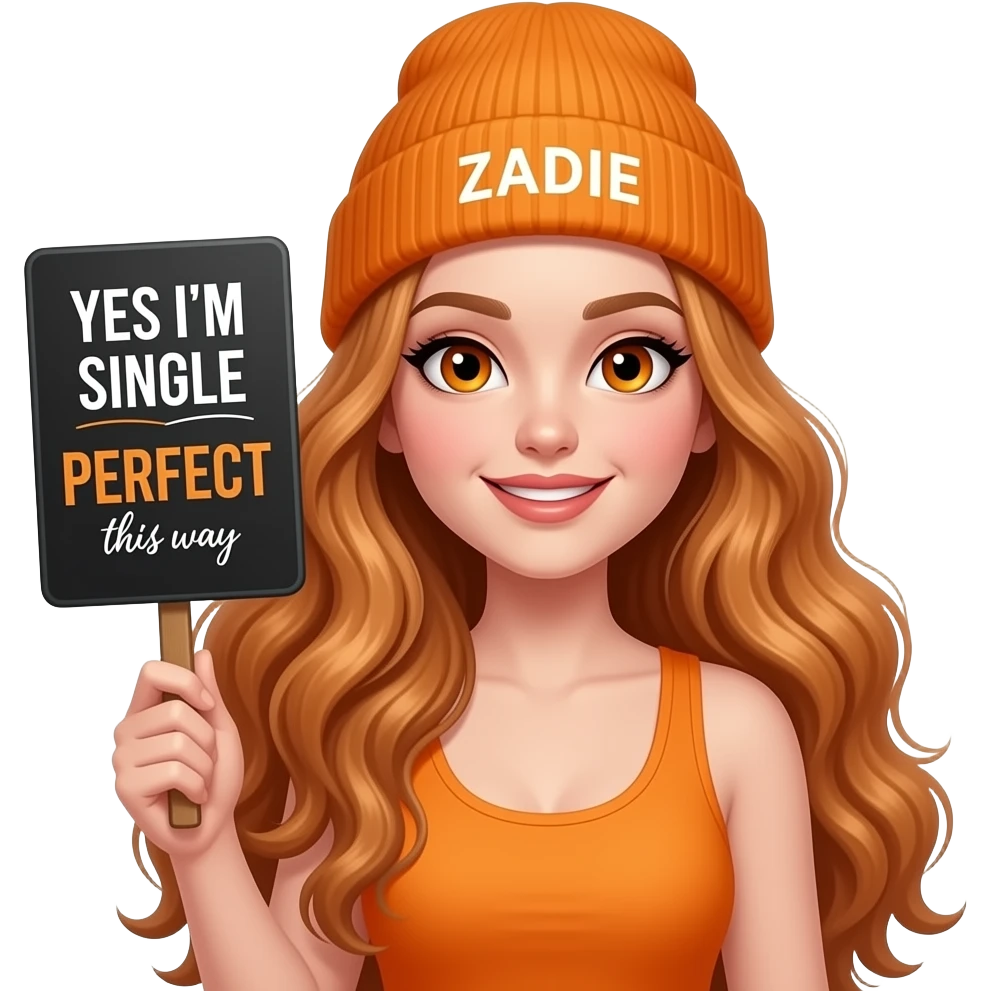 sexy girl with overlong wavy ginger hair and ginger eyes wearing a orange tanktop and a orange beanie with ZADIE written on it, is holding a black sign with YES I'M SINGLE and PERFECT this way written on it emoji