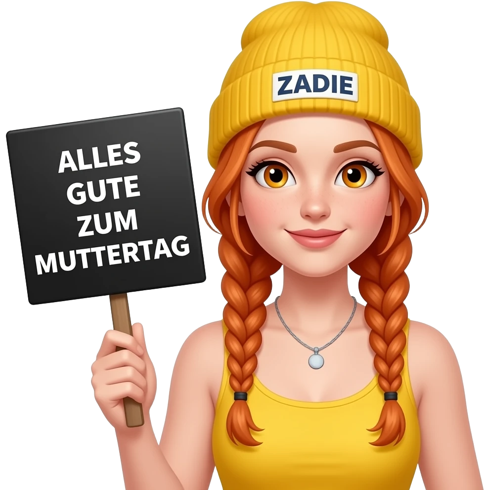 sexy girl with overlong ginger braids and ginger eyes wearing a yellow tanktop and a yellow beanie with ZADIE written on it, is holding a black sign with ALLES GUTE ZUM MUTTERTAG written on it emoji