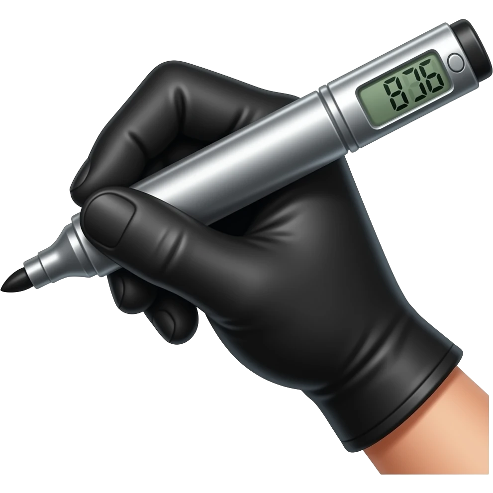 female hand in black simple glove writing with big bold metallic marker, small display timer on the marker emoji
