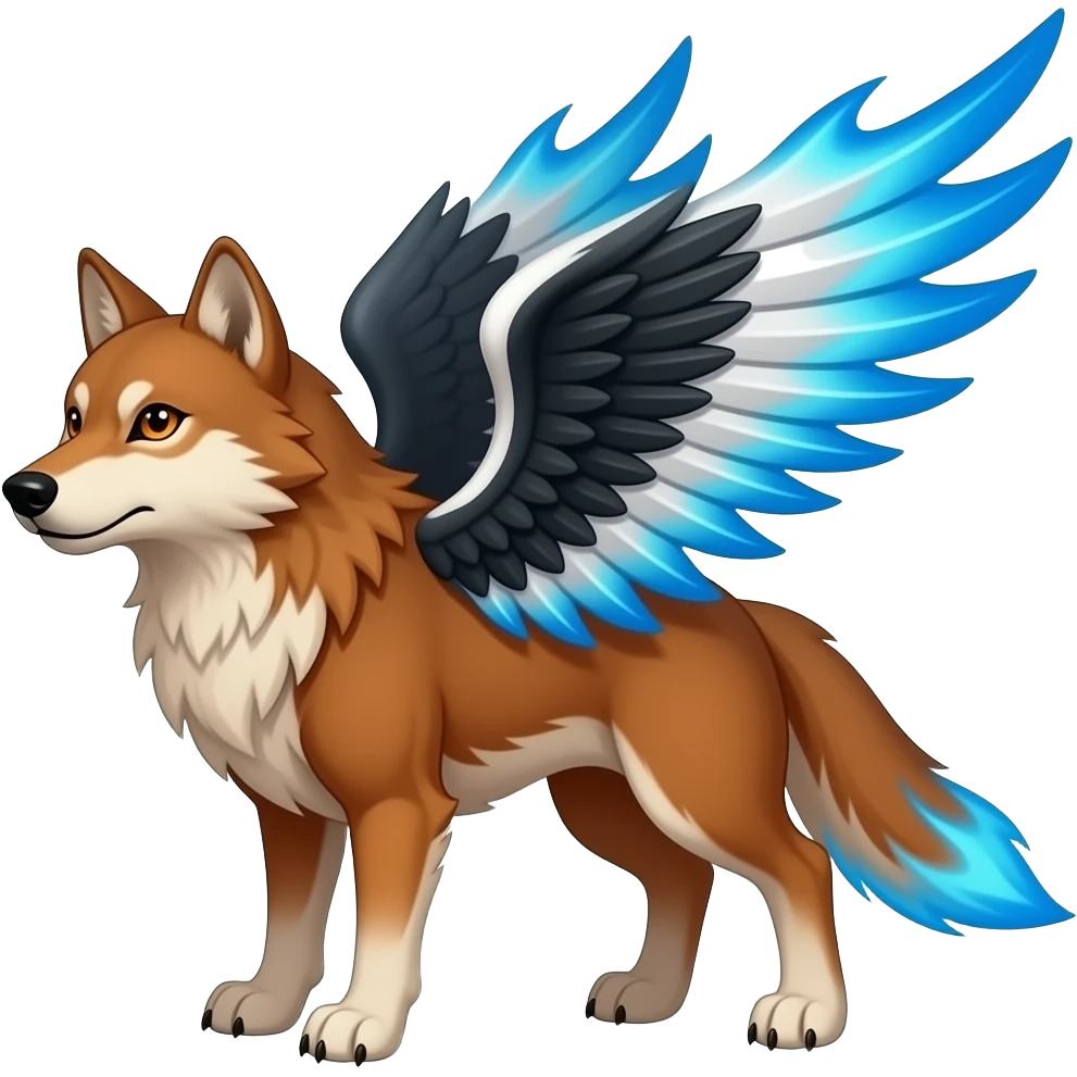 reddish brown wolf with orange eyes and with black, white, and blue wings with blue flames emoji