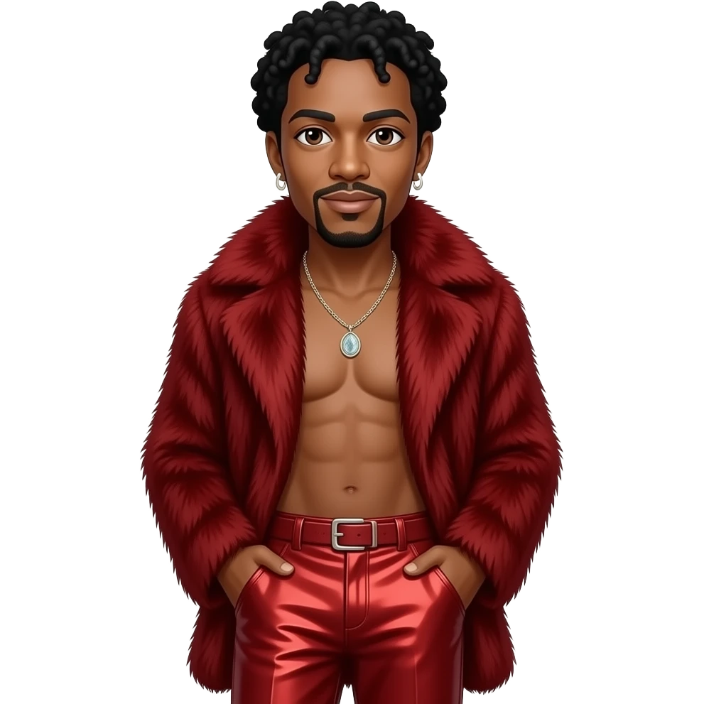 Marvin Gaye with brown eyes, black hair, crimson fur shawl, crimson metallic baggy pants, shirtless with necklace and earrings emoji