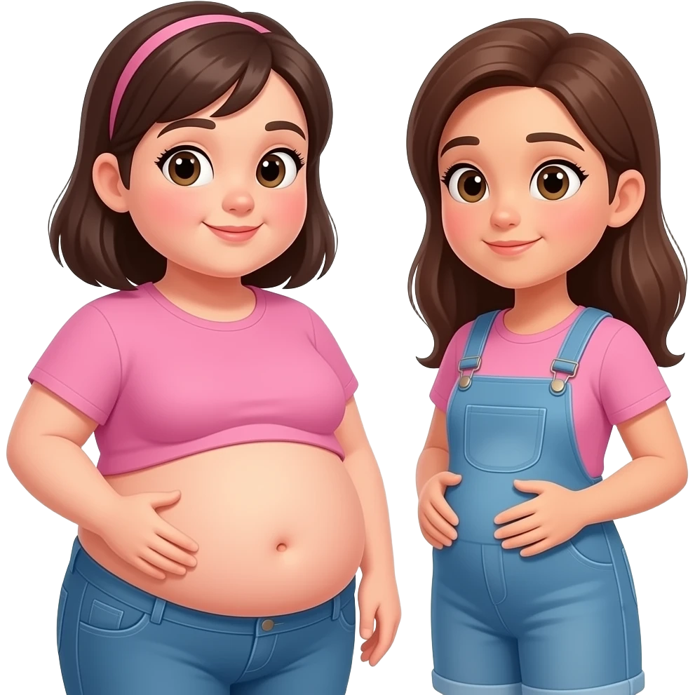 A meeting with to girls,After a great long lunch,one girl is full & fat,her bellybutton peeking out,her big belly is getting noticed,so other girl was impressed and eagerly touching the one overfed girl’s bloated belly. emoji