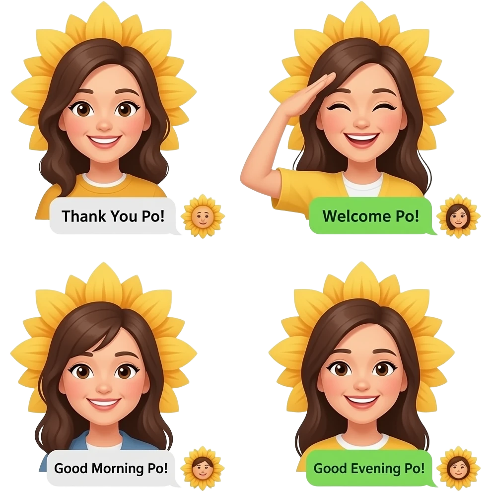 Based on the lady in the image given, create a set of emojis. Pair each with sunflower themed chatbubbles with phrases as follows:   "Thank You Po!" - Smiling "Welcome Po!" - Happy "Copy po!" - Salute "Good Morning Po!" - Bright Smile  "Good Evening Po!" - Relaxed Smile emoji