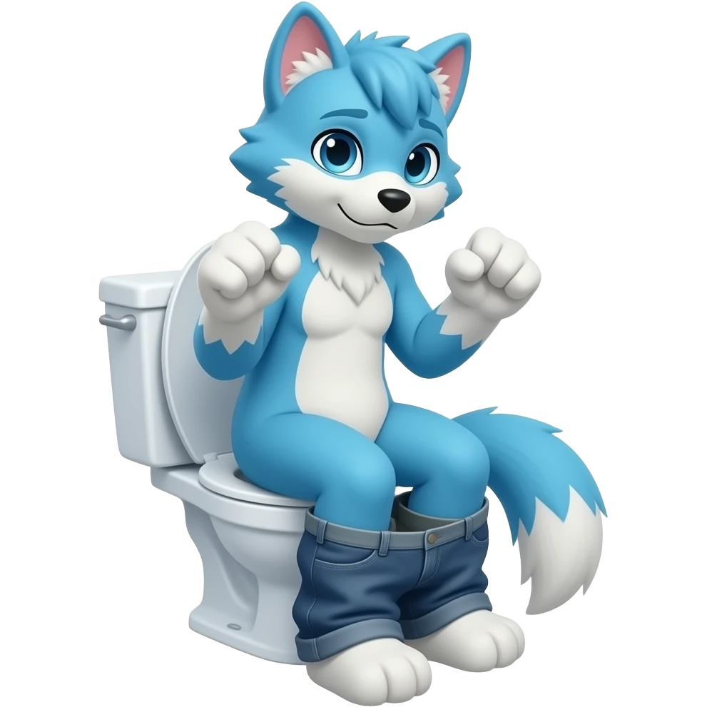 Blue female fursuit sitting on toilet, pants down, side view , both fists , uncomfortable, emoji
