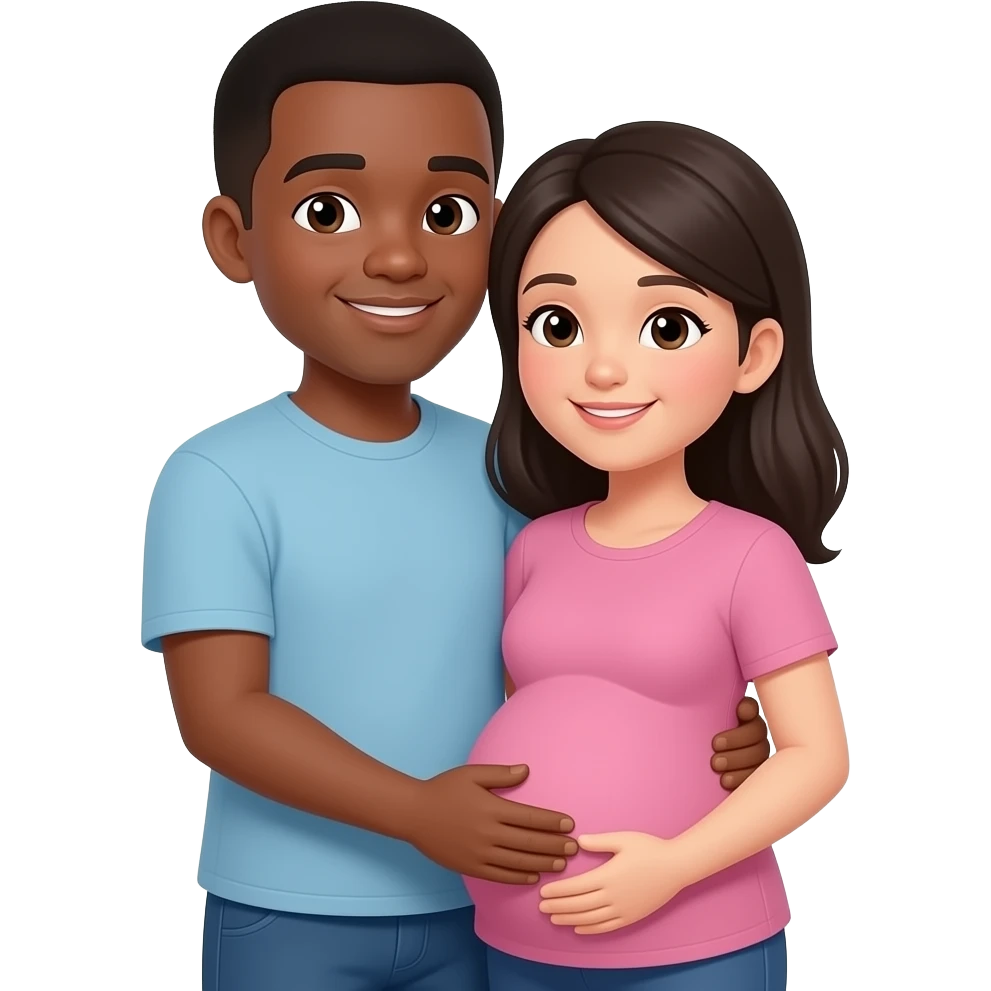 Brown man & black hair asian pregnant lady hugging emoji