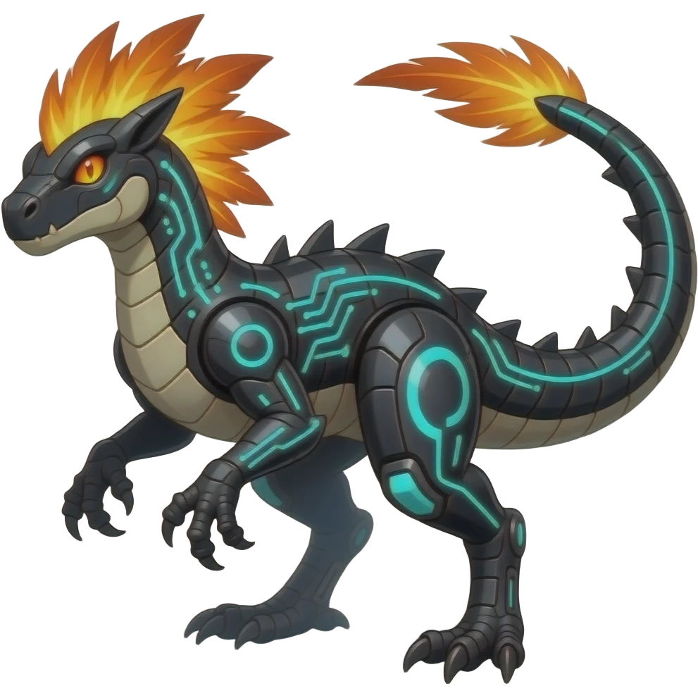 Cool edgy fiery cybernetic technological Circuitry-patterned black-scaled with neon-cyan stripe markings digitigrade futuristic raptorik fantasy-Cyberpunk-Steampunk-Solarpunk-Genesect-Salamence-Cyclizar-Salazzle-Feraligatr-Fakémon-animal-hybrid, with neon feather-mane, and a tail blade, back spikes emoji