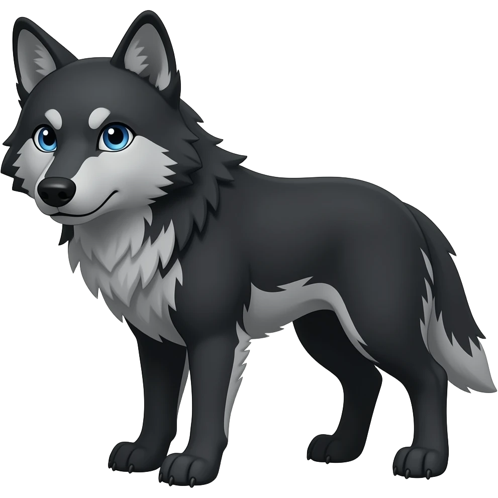 black wolf with blue eyes and greyish white markings over the left eye around the eye,  and a light grey patch on the torso and tail emoji