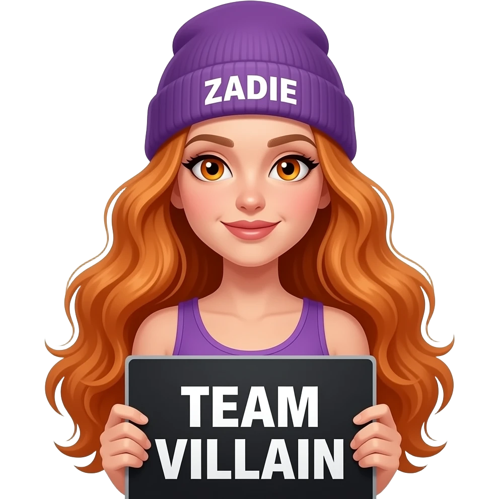 sexy girl with overlong wavy ginger hair and ginger eyes wearing a purple tanktop and a purple beanie with ZADIE written on it, is holding a black sign with TEAM VILLAIN written on it emoji