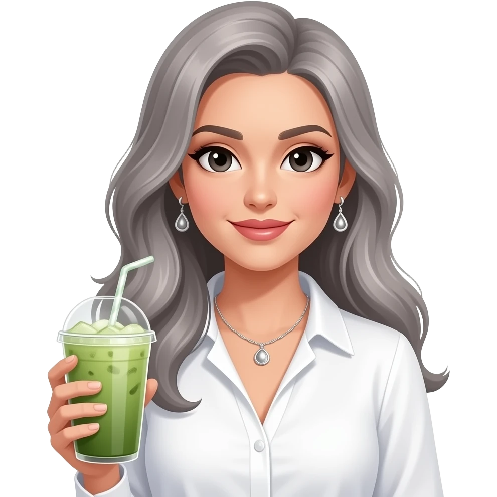 rich lady with black eyes and grey long hair, wearing a white blouse and silver earrings and necklace, having an iced matcha latte emoji