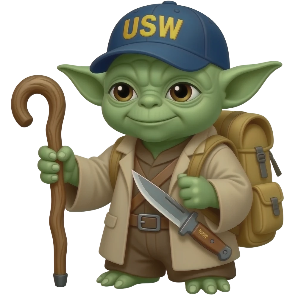 Yoda with a wood hiking stick in his right hand, a tan backpack over his shoulder , a Rambo knife hanging from his belt and a blue ball cap with USN in gold letters emoji