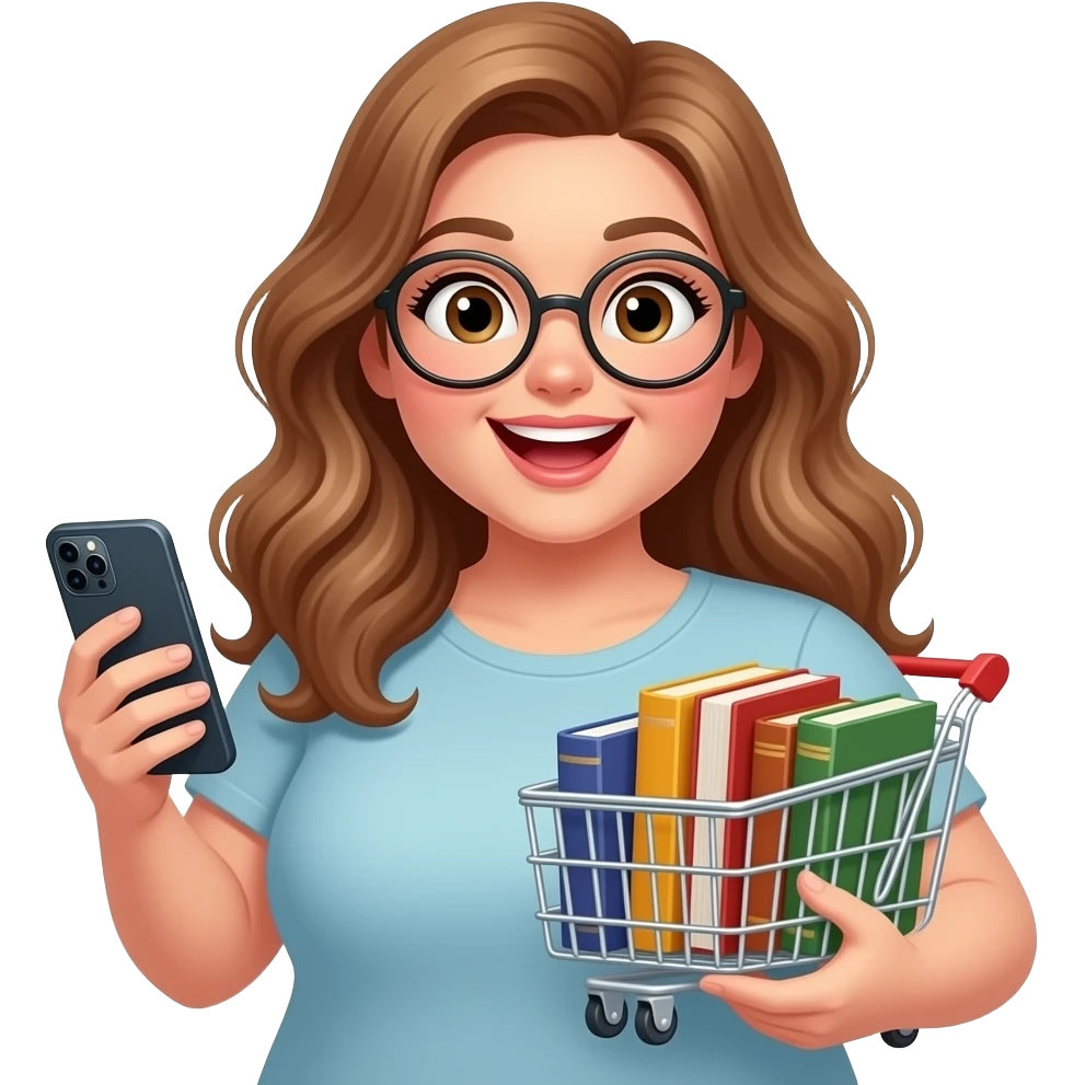 detailed emoji illustration of a curvy woman with long light brown wavy hair, light brown eyes and round glasses holding her phone while adding books to an online cart, excited shopping expression, cute emoji style emoji